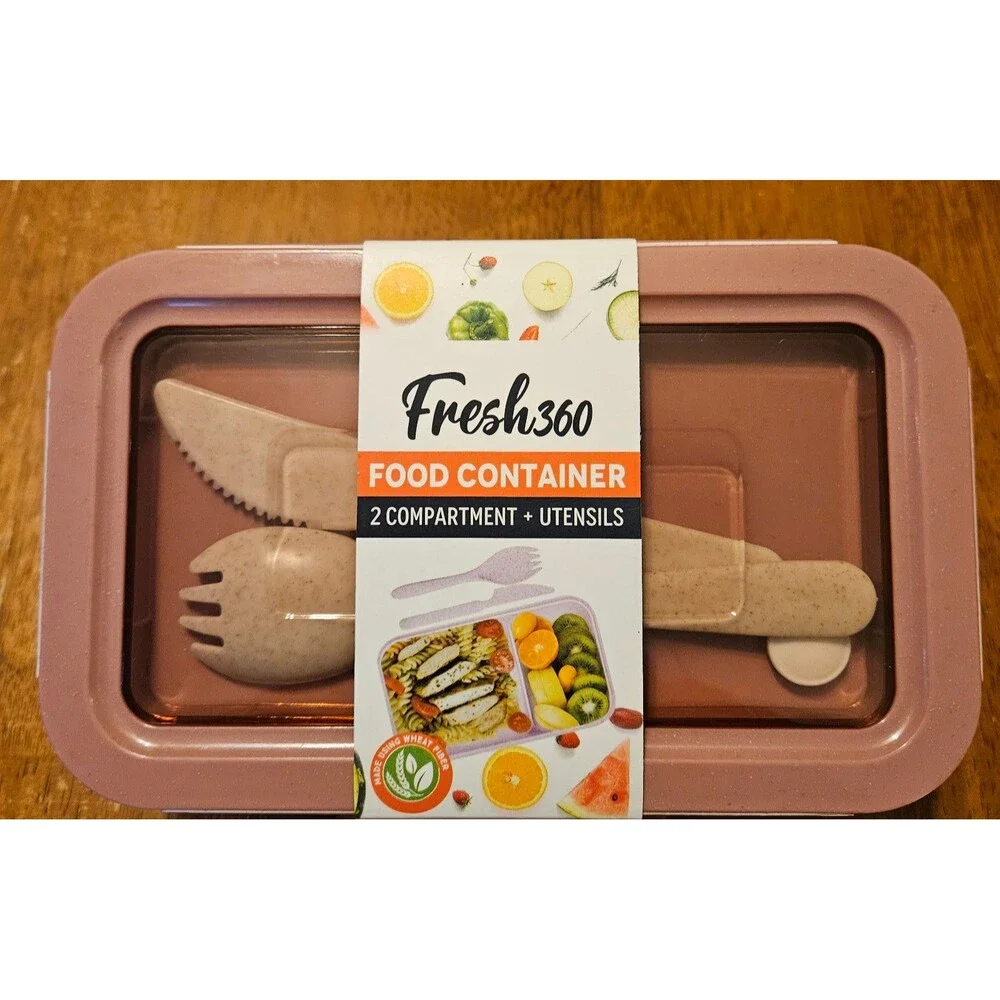 New Bento Box Fresh 360 Food Container Lunchbox 2 Compartment w/ Utensils To Go